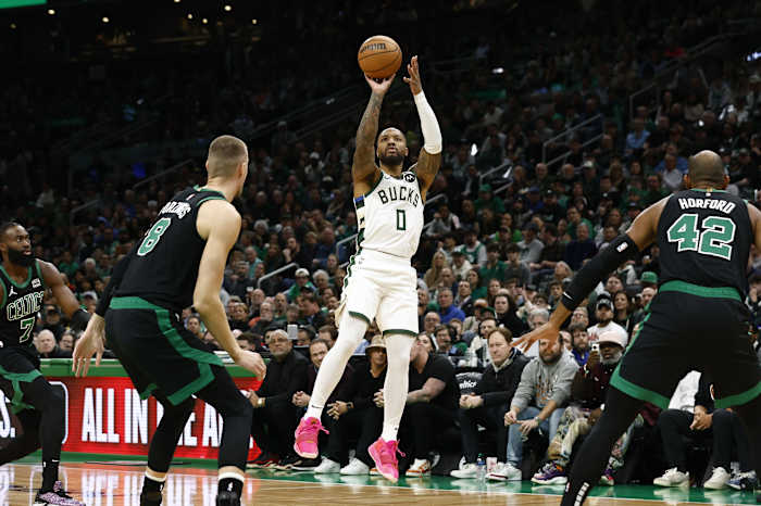 Milwaukee Bucks guard Damian Lillard (0) shoots against the Boston Celtics